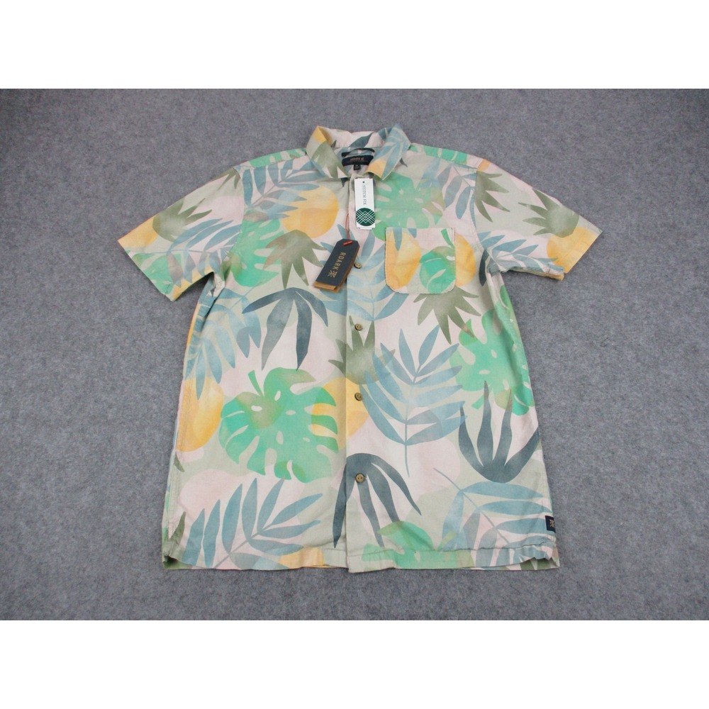 Roark Gonzo de Palmas Mens Medium Beige Green Hawaiian Palm Button Up Shirt